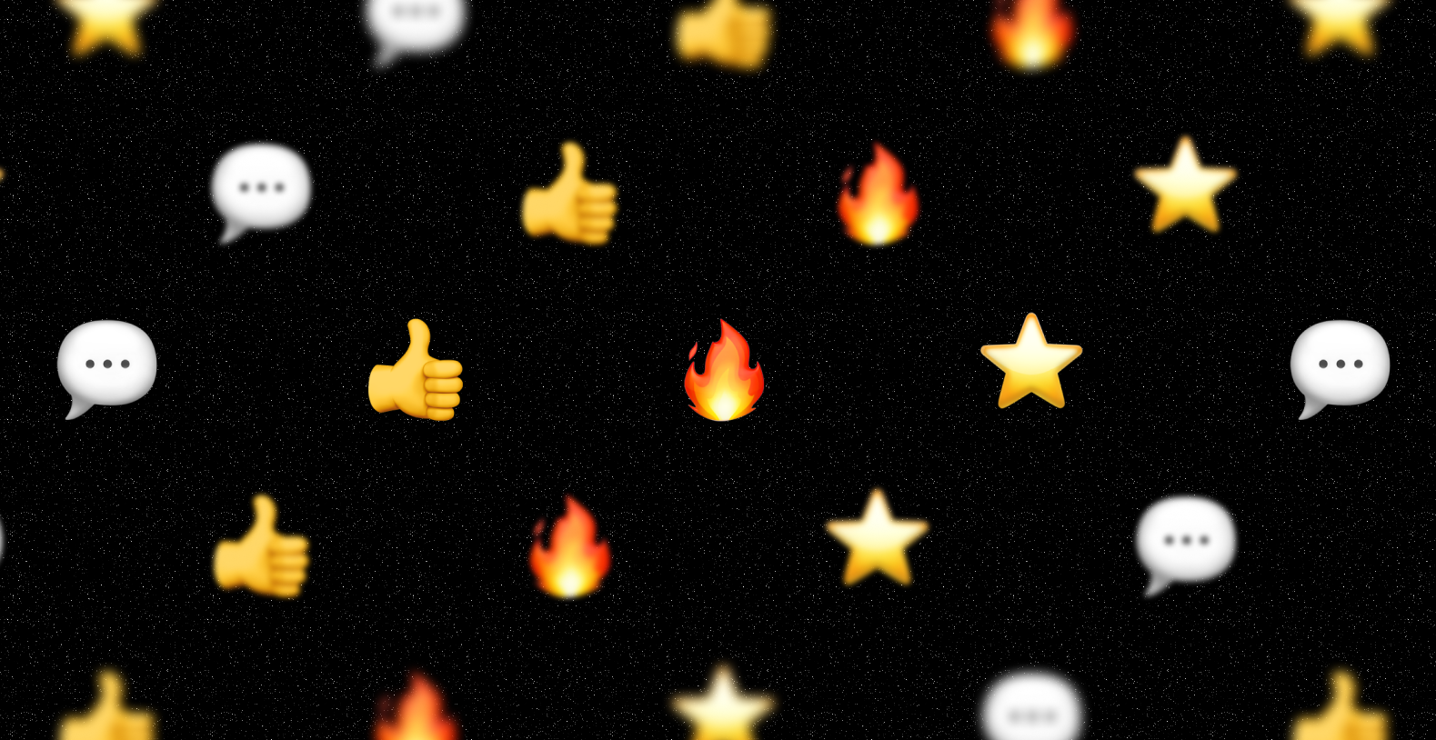 Speech bubble, thumbs up, fie, and star emojis on a black background